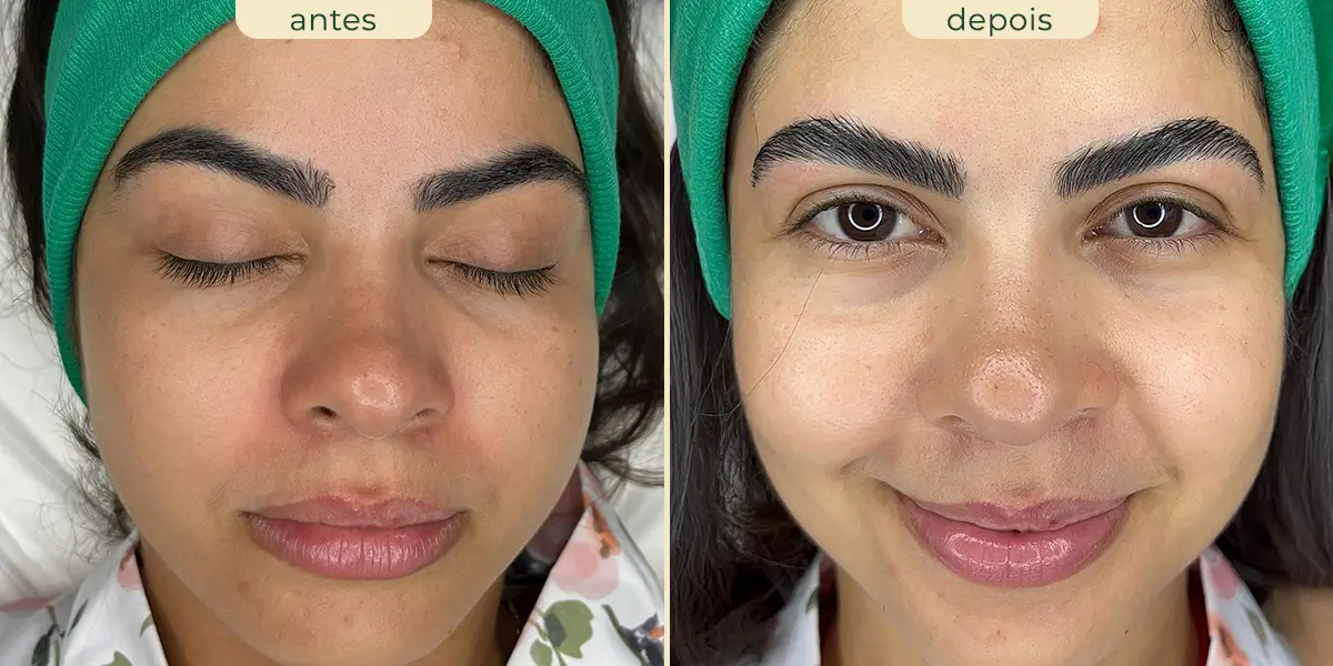 foto comparativa antes e depois do procedimento efeito brow lamination de sobrancelhas feito em mulher morena com aparentemente 30 anos.